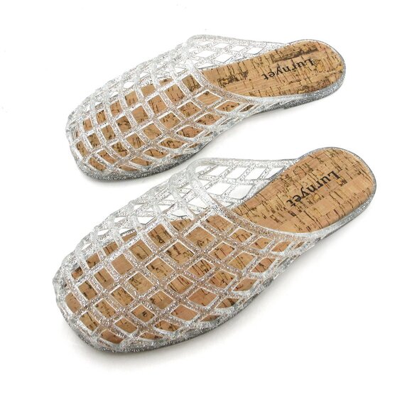 Lurnyet Womens Silver Jelly Comfort Cushion Slide Flat Sandal with Cork Footbed - Picture 2 of 7